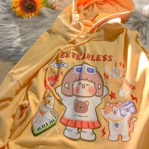 Cute Cats Anime Girl Graphic Hoodie Oversized Japanese Fashion Teens Clothes Sweatshirt Women Long Sleeve Tops 2021 New Harajuku