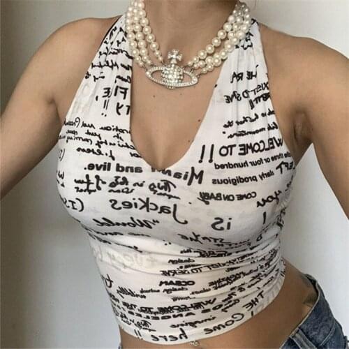 Fashion Retro Y2k Letter Print Halter Crop Tops for Women Summer Backless Sleeveless V-Neck Tank Top Cropped Streetwear