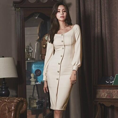 Slash Neck Singer Button Long Sleeve Dress Women Solid Autumn Winter Puff Sleeve Dress Women Sheath Split Midi Fall Dress Women