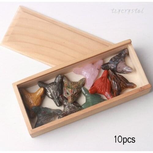 1box Carved Crystal Stone Wolf Head Pendant Charm Male Jewelry Wooden Box