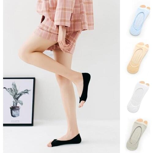 1Pair Ladies Wooden Cotton Mesh Finger Toe Socks Flip Flops Shallow Antiskid Invisible Two Finger Nonslip Socks