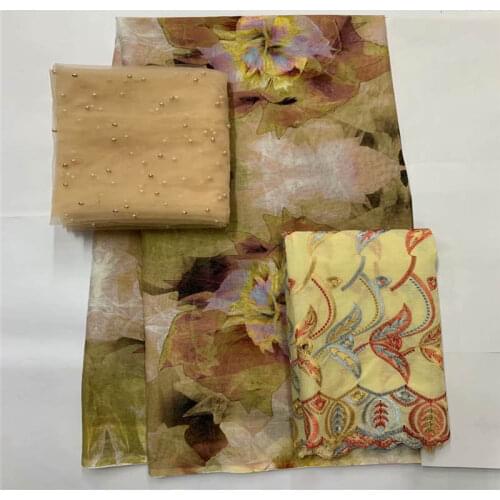 2+5+2 Yards 3 Piece Set Fashion High Quality 100%Cotton Embroidery Lace Fabric For Womens Dresses! LXFO12221