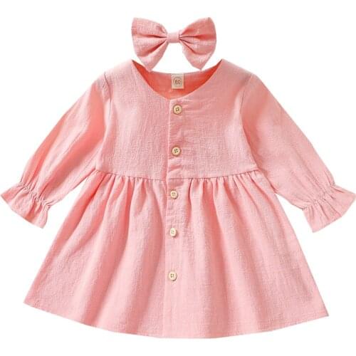 2Pcs Kids Autumn Winter Dresses for Girls Casual Outfit Solid Color Long Sleeves Single-Breasted Dress + Bow Hair Clip, 6M to 4Y