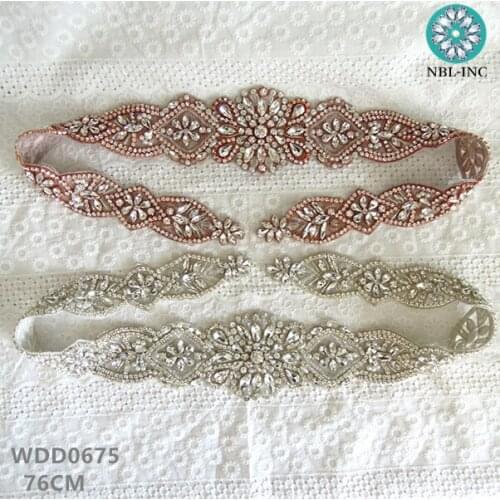 30PCS)Wholesale bridal sash beaded sewing silver rose gold crystal rhinestone appliques for wedding dresses sash belt WDD0675