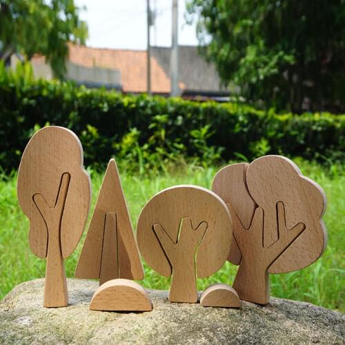 6pcs/set DIY Painting Wooden Trees Grass Toy /Kids Handmade Wooden Trees for Railway Play