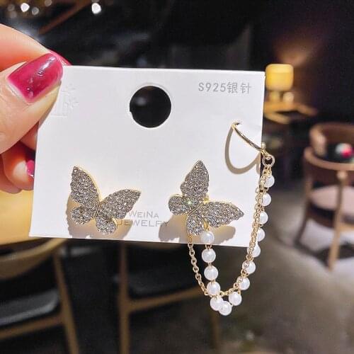 ALIUTOM Korean Elegant Cute Rhinestone Butterfly Stud Earrings For Women Girls Fashion Metal Chain Boucle D'oreille Jewelry