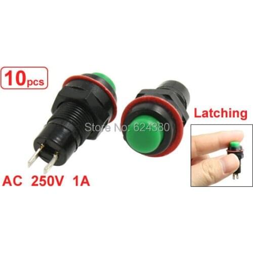 Latching Lock Green Round Push Button Switch SPST OFF/(ON) NO N/O Normally Open 2 Pin 2P 1A / 250V AC Discount x 10 Pcs / Lots