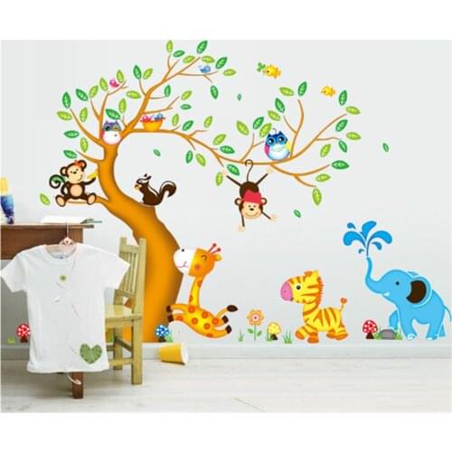 Large Cartoon Animal Tree Wall Stickers for Kids Room Decoration Living Room Bedroom Furniture Decals Removable PVC Wallpaper