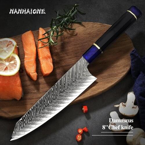 Damascus Kitchen Knife Japan VG10 Steel Professional Kiritsuke Chef Knife Octagonal Blue Resin Handle New Cleaver Gift Hot
