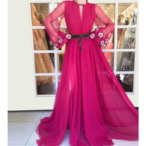 Fuchsia Muslim Evening Dresses A-line Long Sleeves Tulle Flowers Sash Dubai Saudi Arabic Long Formal Evening Gown