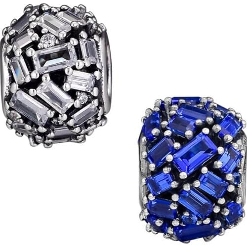 Chiselled Elegance Charm Beads for Silver 925 Bracelets DIY Jewelry Blue & Clear CZ Silver Beads for Jewelry Making Crystal Pave
