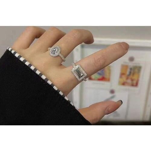 Origin Summer Korean Square Round Geometric Ring for Women Bling Bling Rhinestone Metal Open Adjustable Finger Ring Jewelry