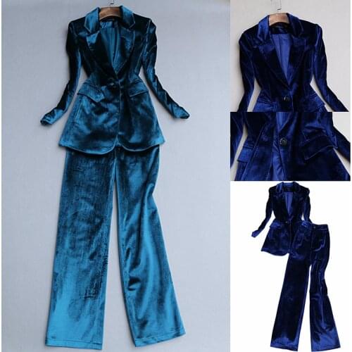 Fashion pants suit female fall / winter New high quality Casual business green Gold velvet suit + wide leg pants two-piece Set