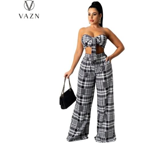 VAZN 2021 New Design High Street Sleeveless Strapless Sexy Plaid Print 2 Piece Set Women Top And Pant Summer
