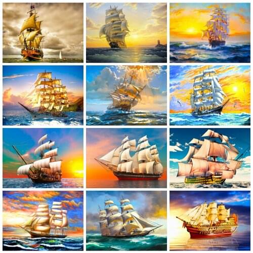 LZAIQIZG Diamond Painting New Arrival Sailboat Home Decor Full Square/Round Mosaic Ship Embroidery Sunset Sea Wall Stickers