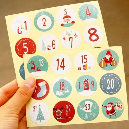 120pcs Merry Christmas Advent Calendar Number Paper Sticker Cookie Candy Seal Stickers Xmas Decoration DIY Packing Labels