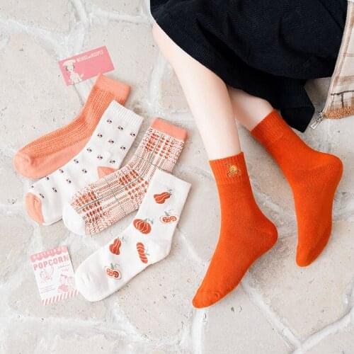 New Orange Series Autumn Winter Mix Cotton Thick Warm Woman Floral Plaid Knitted Cute Fashion Daily Match Harajuku Crew Socks