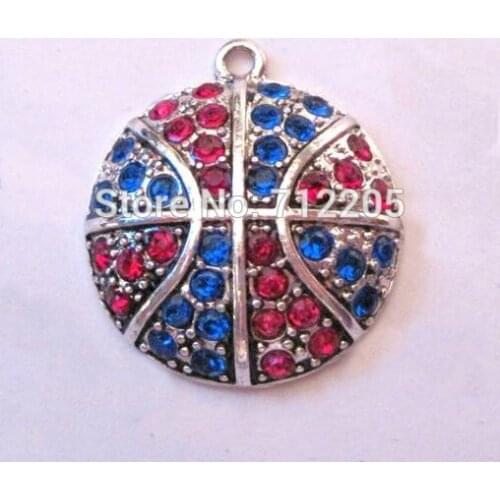 New Arrival 50pcs antique silver color Basketball Red and Blue crystal sports Pendant(P100015)