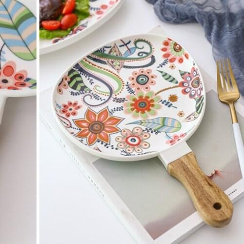 Dinner Plates Dish Steak Salad Tray with Wooden Handle Christmas Steak Plates Home Decor Oval Dishes Tableware