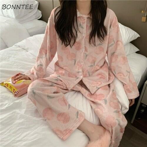 Pajama Sets Women Outfits Sweet Nightwear Soft Kawaii BF Lovely Cute Plus Velvet Autumn Pink Homewear Print 2 Pieces Set Leisure