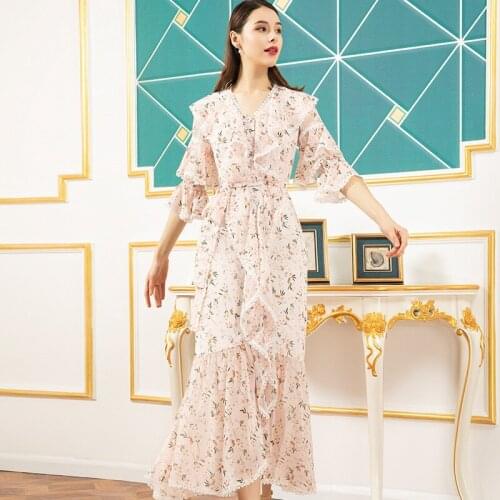 2020 Chiffon Spring Summer Long Dress V-Neck Flowers Print 2/3 Sleeves Women Runway Dress Vintage FL1102