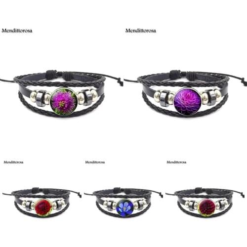Mendittorosa Vintage Jewelry Glass Cabochon Black Leather Bracelet Bangle For Christmas Gift Mandala Lotus