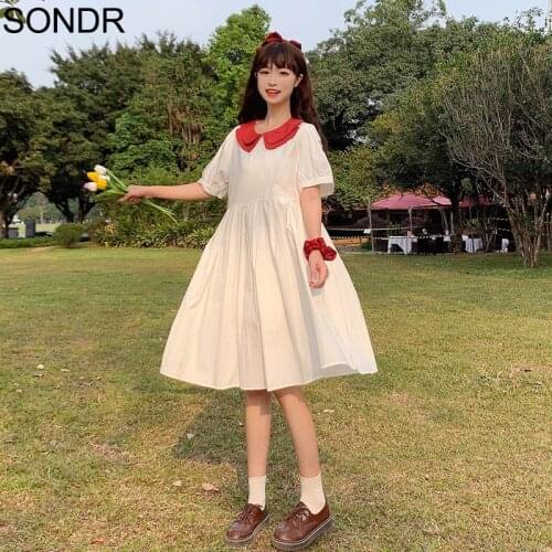 Japanese Short Sleeve Dress Women 2021 Summer New Doll Collar Solid Color Cute Mori Girl Pastoral Dresses Sweet Soft Loose Dress