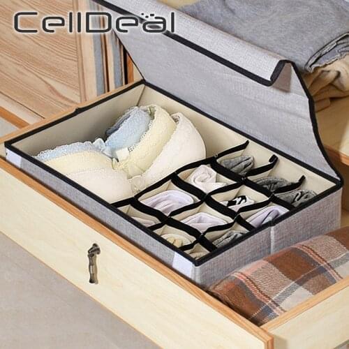 Underwear Storage Box Bra Socks Ties Divider Drawer Closet Organizer with Lid 13 grid Waterproof Foldable Cotton Linen Organizer