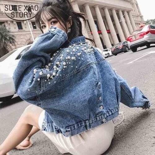 2021 New Autumn Chic Pearl Beading Crop Denim Jackets Women Casual Jeans Bomber Jacket Long Sleeve Denim Coat Korean Plus 16756