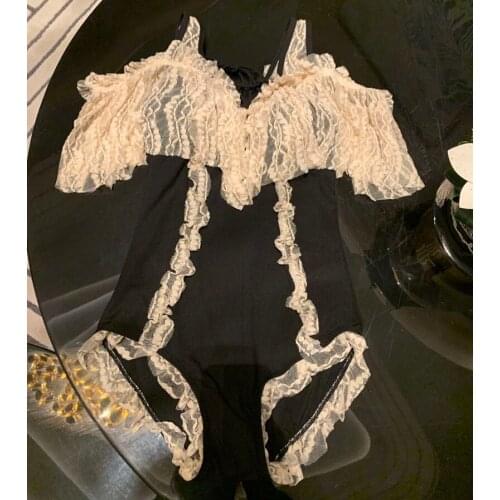 2021 women Summer vacation lace patchwork black Bodysuits Sexy spaghetti strap bandage Rompers swimsuit one-piece suit y421