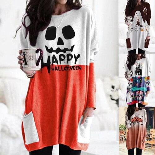 Women Autumn Fashion Halloween Pumpkin Ghost Graphic Print O-Neck Mini Dress Winter Long Sleeve Pocket Ladies Casual Dresses