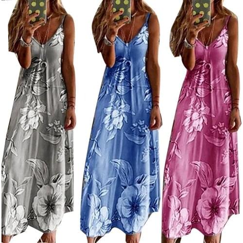 Women Casual Dress Sleeveless Adjustable Loose Robe Strap Floral Print Large Hem Long Sling Dresses for Women 2021
