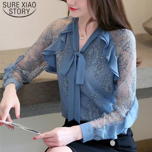 2021 fashion chiffon lace women shirts temperament long sleeve clothes women blouses Ruffles Casual print women tops 6106 50