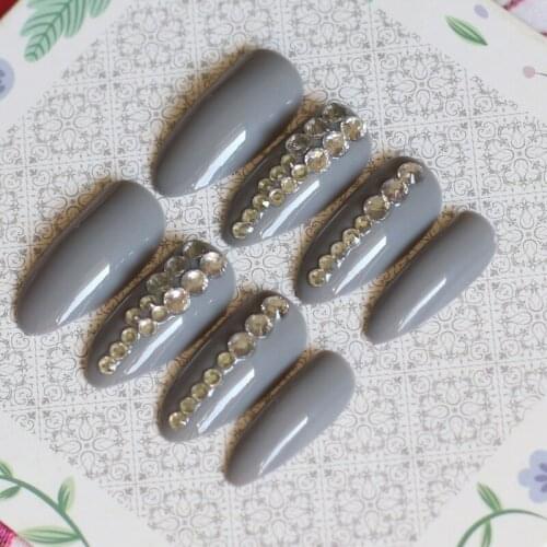 24pcs Fashion full diamond crystal diamond stiletto high candy color handmade fake nails deek gray A97