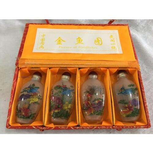4pc Chinese collection antique The goldfish painting glass SNUFF BOTTLE-painting home decoration SNUFF BOTTLE