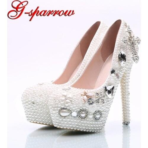 White Pearl Wedding Shoes Plus Size US 12 Cross Rhinestone Platform Bridal Wedding Ceremony Shoes Women Banquet Dress Pumps
