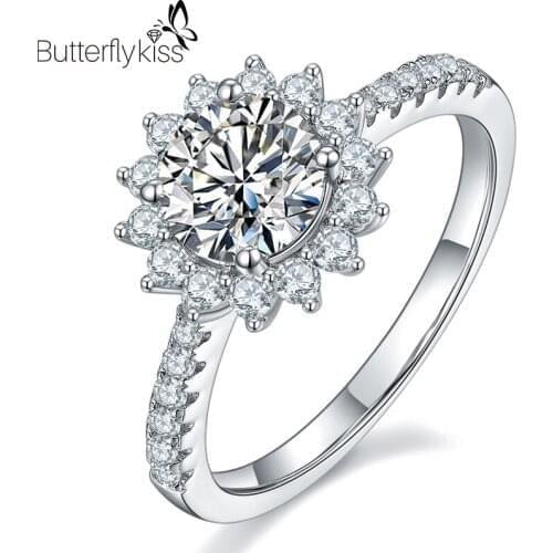BK White Moissanite Ring 1ct 4 Prong 925 Sterling Silver Diamond Rings Classic Style Sunflower Shape Wedding Ring Women Jewelry