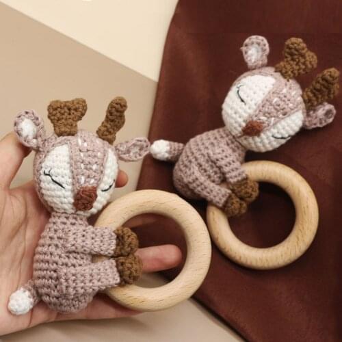 Baby Wooden Teether Ring DIY Crochet Animal Deer Elk Rattle Bracelet Infant Teething Nursing Soother Molar Toys for Newborn Show