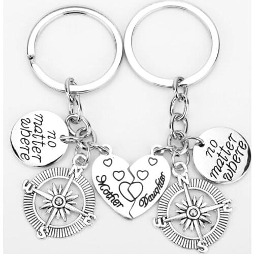 Dongsheng letter Keychian No Matter Where Heart Mother Daughter Compass Heart Key Chain Women Gifts For Family Jewelry -50