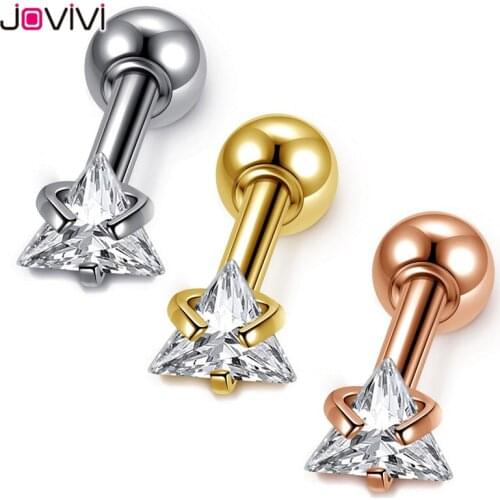 JOVIVI Stainless Steel Stud Earrings 3mm Triangle Cubic Zirconia Round Barbell Tragus Cartilage Helix Ear Studs Piercing Jewelry
