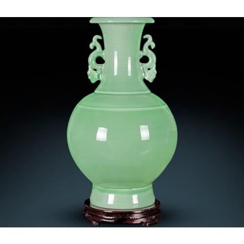 Jingdezhen ceramic Antique Glazed Double Ears Flower Vase Chinese Antique Home Decoration green decorative vases antique