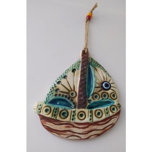 Ceramic Sailboat Evil Eye Pendant Turkish Nazar Handmade Amulet for Wall Hanging Talisman Boho Home Decor Protector