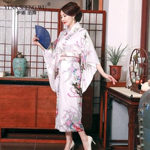 Printed Kimono Women Yukata Dress Pajamas Haori Japanese Traditional Kimono Cosplay Costume Floral Long Style Japanese Satin