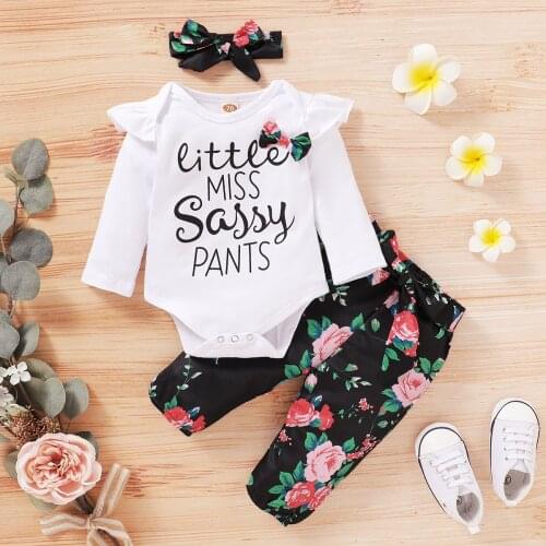 3pcs Fall Winter Newborn Baby Girl Clothes Lounge Set Long Sleeve Bodysuit Floral Pants Headband 6 12 18 Month Kids Children Bow