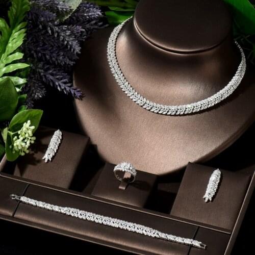 HIBRIDE High Quality Leaf Shape Pendant Wedding Jewelry Zirconia Sets Costume Dress Accessories Bridal 4pcs Set for Marry N-123