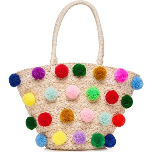 Fashion Style Straw Weaved Women Handbags Color Ball Decor Large Capacity Ladies Beach Bag for Shopping