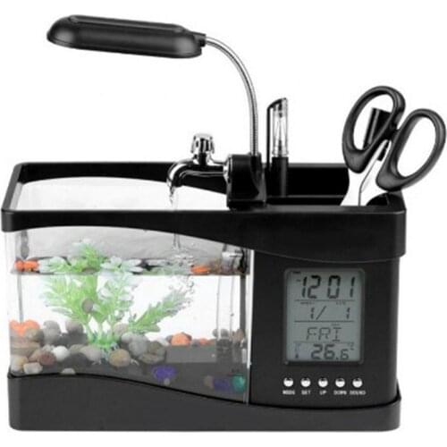 Desktop Aquariums Fish Tank With LED Light Pen Holder USB Rechargeable Alarm Clock Calendar Office Decoration