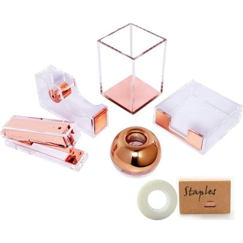 Desktop Acrylic Office Supplies Set Stationery Adhesive Tape Dispenser Stapler Sticky Notes Tray Pen Cup Make-Up Brushes Holder