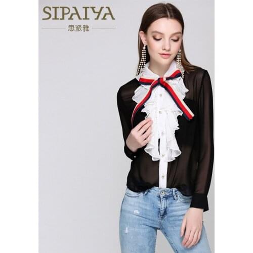 New 2020 summer perspective top court style bow tie Long Sleeve Chiffon shirt