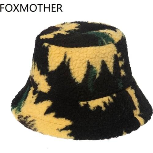 FOXMOTHER Bob Fashion Unisex Warm Black Faux Fur Lamb Wool Sunflower Fluffy Bucket Hat Floral Fishing Caps Mens Winter 2021 New